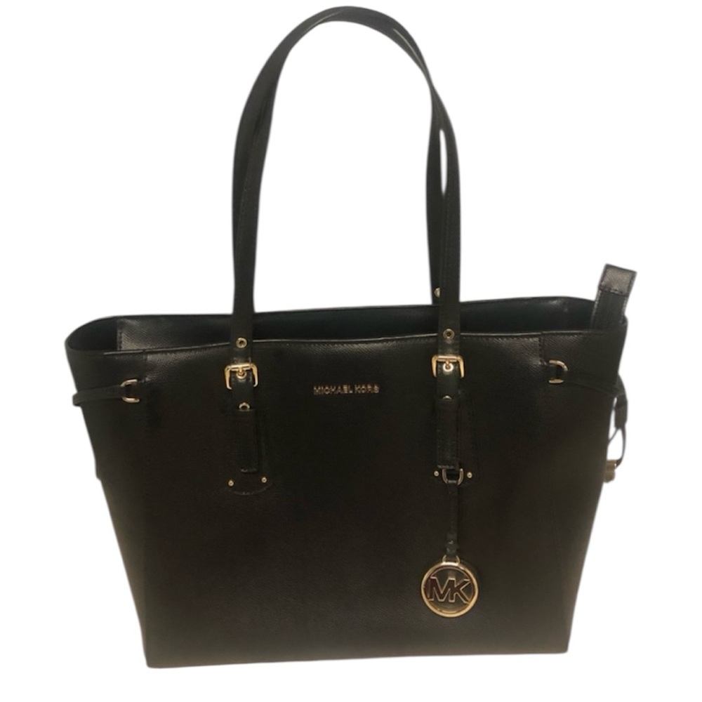 Michael Kors Voyager Large Saffiano Leather Laptop Tote Black Gold NWT - Picture 1 of 9